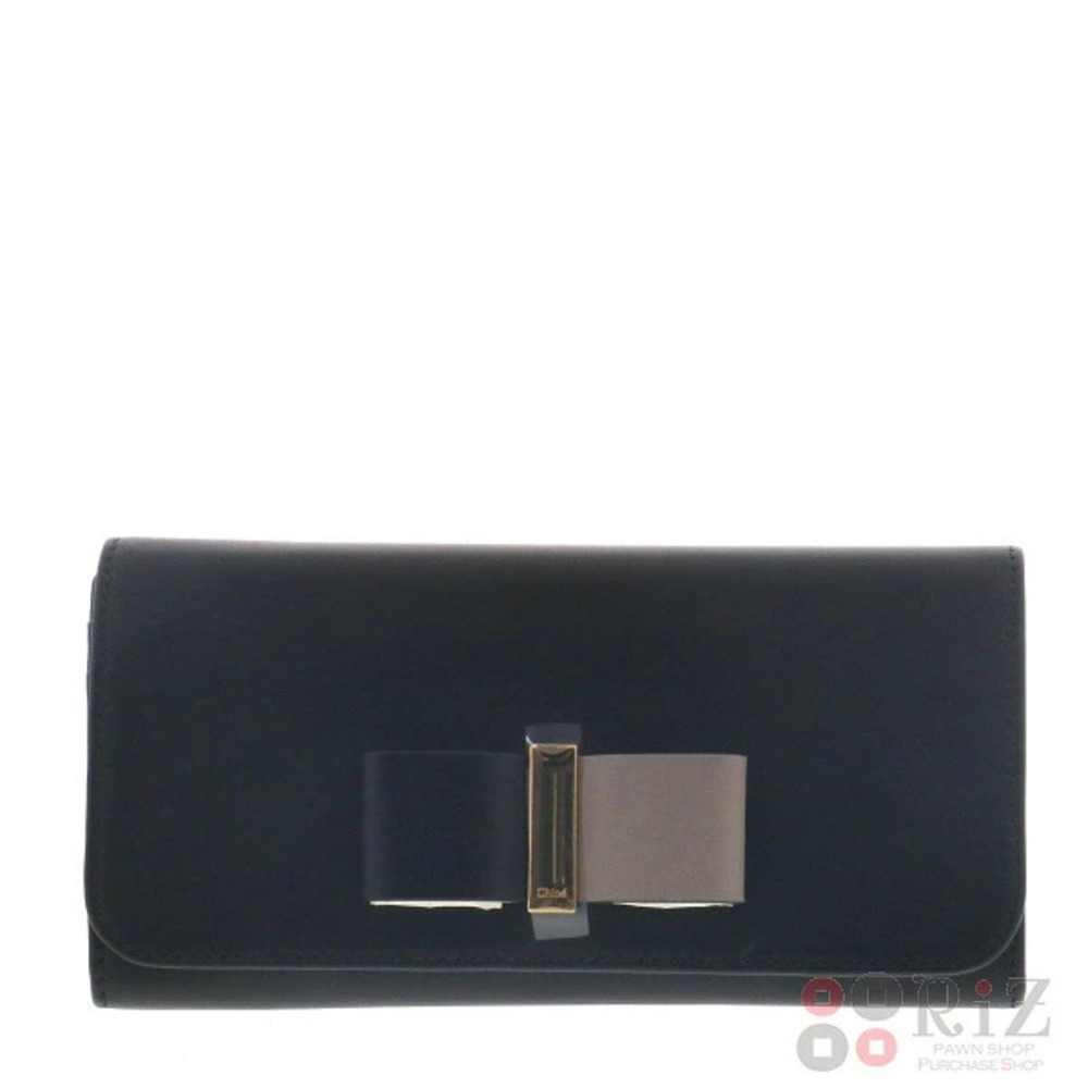 CHLOE Bow Leather Bi fold Long Wallet Black Brown
